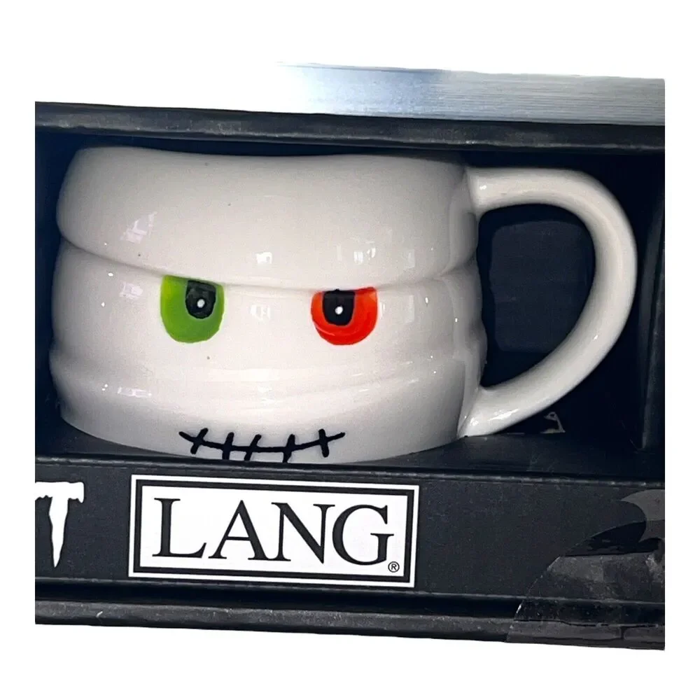 Halloween Lang Espresso 4 Hand-Painted Character Cups Pumpkin Cat Mummy Frank